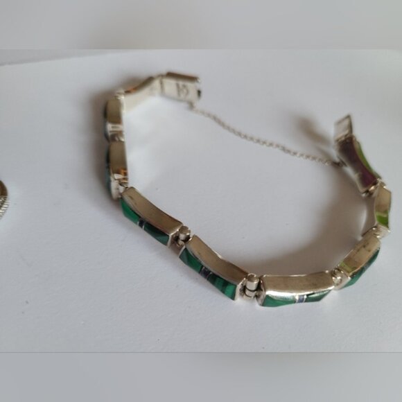 Vintage Taxco Sterling Silver Green Agate Quiet Luxury Tennis Prep Boho Bracelet - Picture 3 of 6